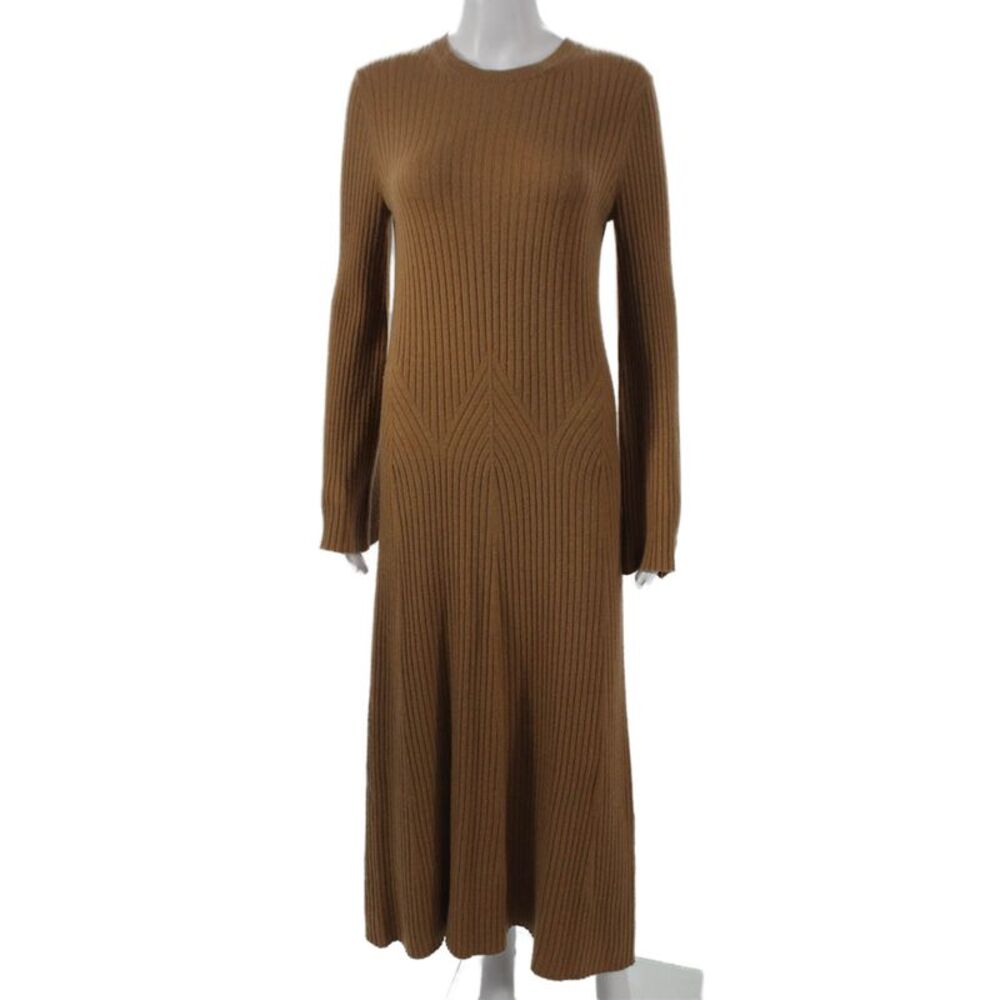 Loulou Studio Women Brown Wool Midi Crewneck Long Sleeve Dress Size S